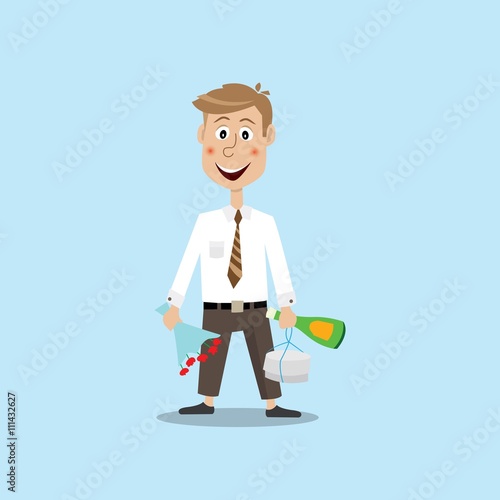 vector illustration, man holds in one hand a bouquet of flowers, in the other a bottle of champagne