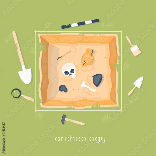 Archeology science. Ancient fossils. Discovering a jug, treasure hunters ancient artifacts. Historical archeology. Tools for excavations. Species origin. Education. Flat style vector illustration.