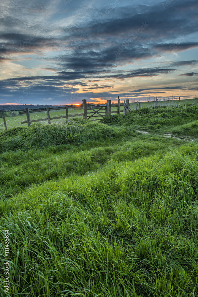 Beautiful English countryside landscape over fields at sunset