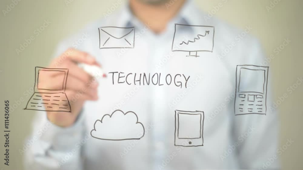 Technology, Concept, Man writing on transparent screen Technology, Concept, Man writing on transparent screen