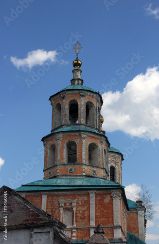 Old abandoned bellfry of russian orthodox church in the classica