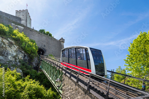 Cable railway, fortress funicular to the Hohensalzburg castle, Salzburg, Austria photo