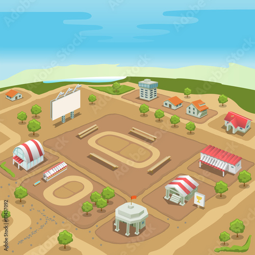 Isometric sport village. Hippodrome and stadium. Vector illustration.