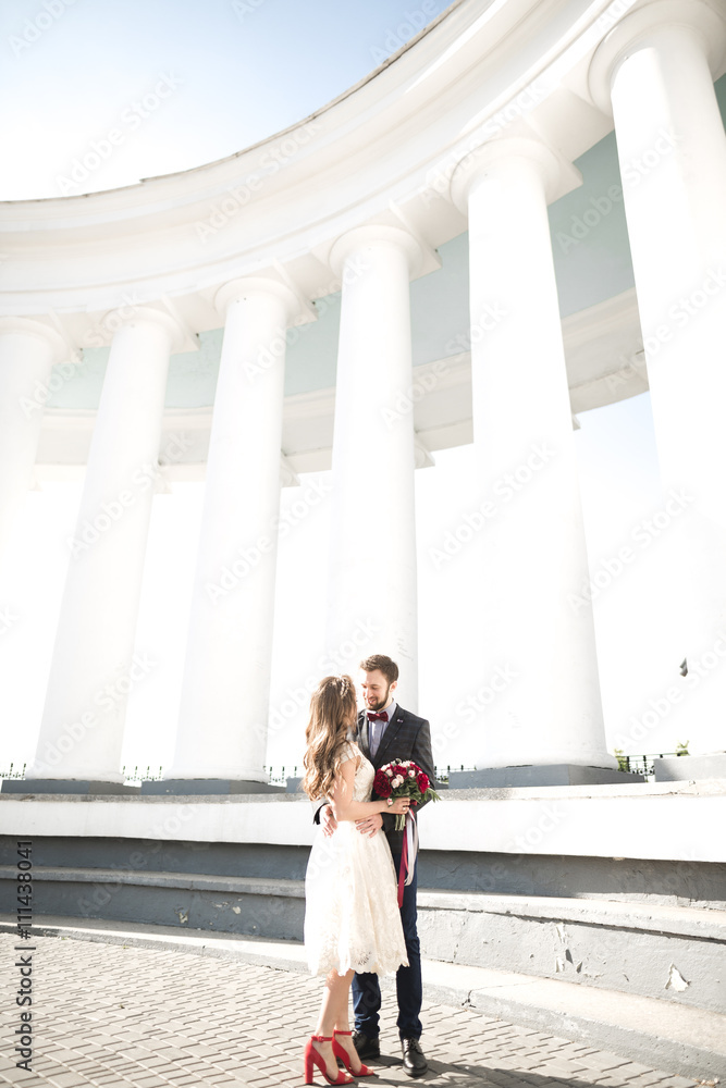 Beautiful couple, bride and groom posing near big white column