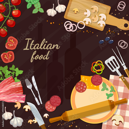 Pizza ingredients on the kitchen table italian food ingredients