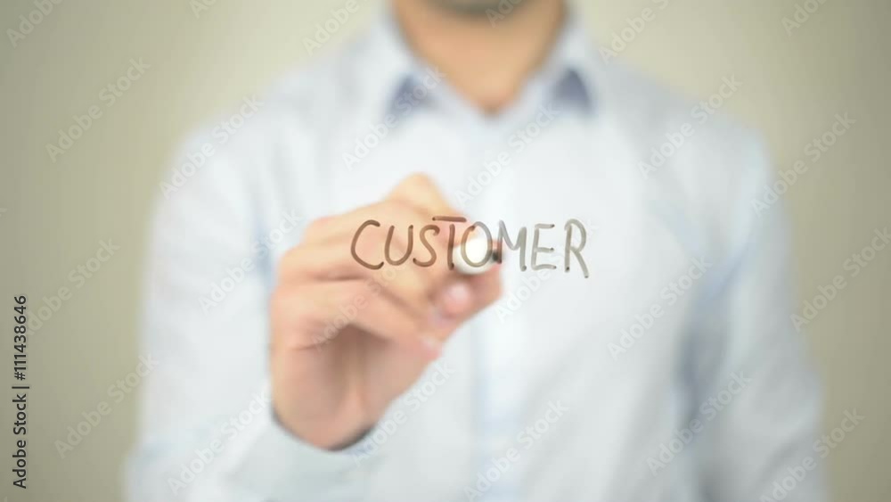 Customer Care, Man writing on transparent screen Customer Care, Man writing on transparent screen