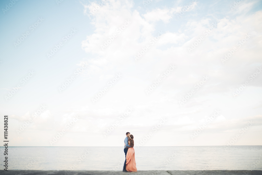 Beautiful loving couple, pride with long dress walking on pier