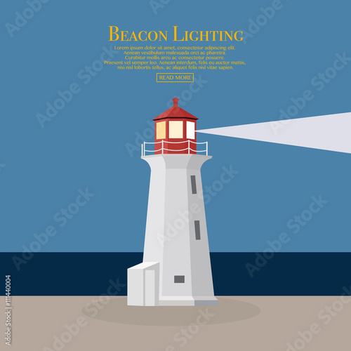 Cartoon flat lighthouses. Searchlight tower for maritime navigational guidance. Beacon. Vector illustration for web site, print, poster, presentation, infographic.