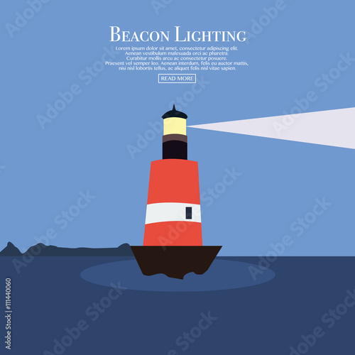 Cartoon flat lighthouses. Searchlight tower for maritime navigational guidance. Beacon. Vector illustration for web site, print, poster, presentation, infographic.