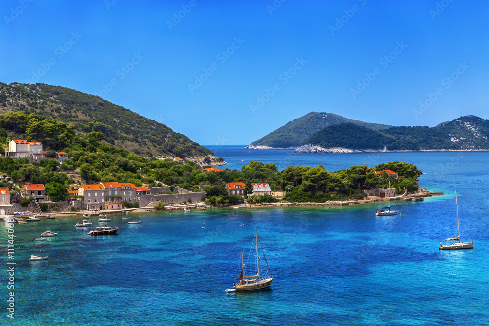 Obraz premium Chorwacja. Południowa Dalmacja - wyspa Elaficka. Wyspa Kolocep (Kalamota, Calamotta) położona w pobliżu Dubrownika. Osada Donje Celo