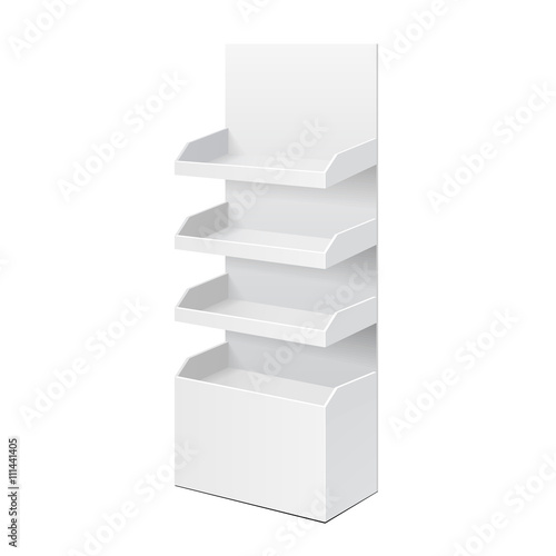 White POS POI Cardboard Blank Empty Displays With Shelves Products. On White Background Isolated. Mock Up Template Ready For Your Design. Product Packing Vector EPS10