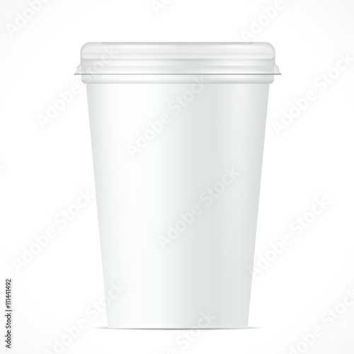 White Food Plastic Tub Bucket Container For Dessert, Yogurt, Ice Cream, Sour Cream Or Snack. Illustration Isolated On White Background. Mock Up Template Ready For Your Design. Product Packing 