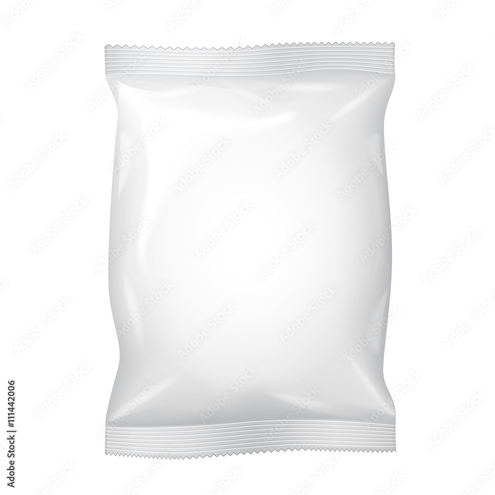 White Blank Foil Food Snack Sachet Bag Packaging For Coffee, Salt, Sugar, Pepper, Spices, Sachet, Sweets, Chips, Cookies. Illustration Isolated. Mock Up Template Ready For Your Design. Vector EPS10