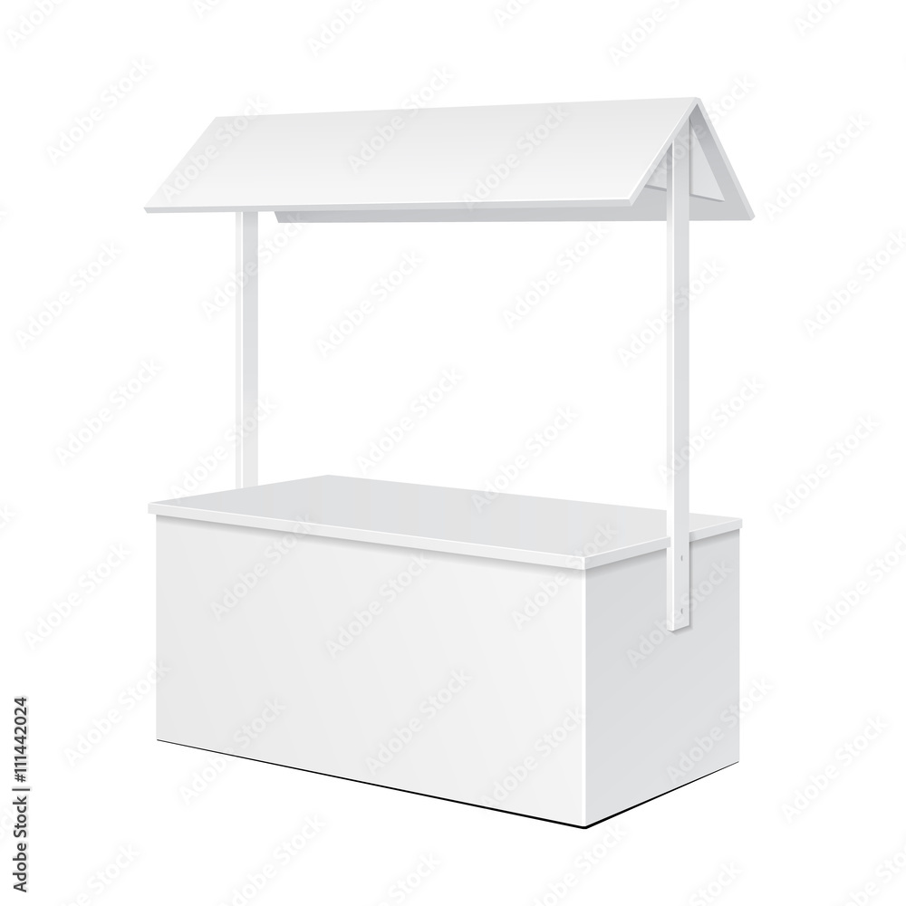 White POS POI Blank Empty Retail Stand Stall Bar Display With Roof, Canopy. On White Background Isolated. Mock Up Template Ready For Your Design. Product Packing Vector EPS10 White POS POI Blank Empty Retail Stand Stall Bar Display With Roof, Canopy. On White Background Isolated. Mock Up Template Ready For Your Design. Product Packing Vector EPS10