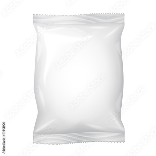 White Blank Foil Food Snack Sachet Bag Packaging For Coffee, Salt, Sugar, Pepper, Spices, Sachet, Sweets, Chips, Cookies. Illustration Isolated. Mock Up Template Ready For Your Design. Vector EPS10