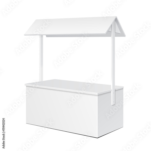 White POS POI Blank Empty Retail Stand Stall Bar Display With Roof, Canopy. On White Background Isolated. Mock Up Template Ready For Your Design. Product Packing Vector EPS10