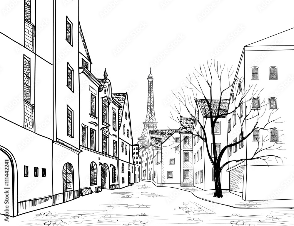 Paris street old city vew. Cityscape - houses, building, tree, alleyway, Eiffel tower background.