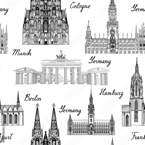 Travel german famous city seamlss pattern. Visit Germany engraved background. photo