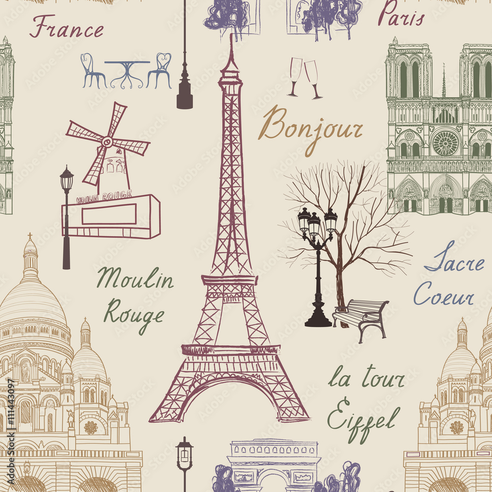 Obraz premium Travel Paris seamless pattern. Vacation in Europe wallpaper. Travel to visit famous places of France background. Landmark tiled grunge pattern.