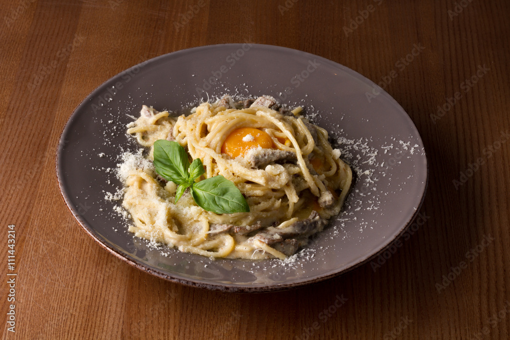 Pasta Carbonara on white plate