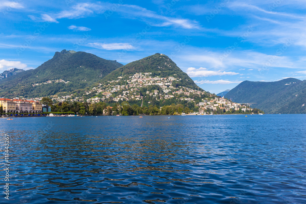 View of Lugano lake and Lugano city