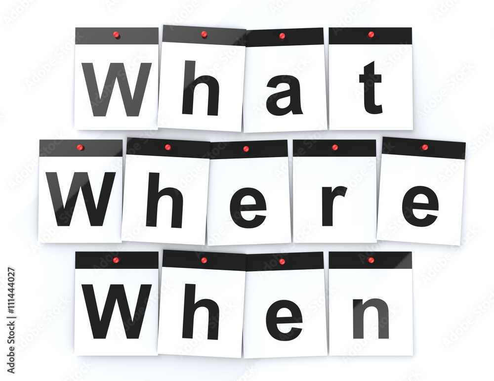 Questions, What, Where, When, on calendar page concept Questions, What, Where, When, on calendar page concept