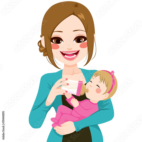 Happy young mother holding and feeding baby with milk bottle isolated on white background