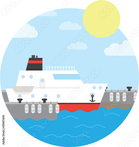 Cruise ship in the port. Yacht on the water. Vector illustration of round background