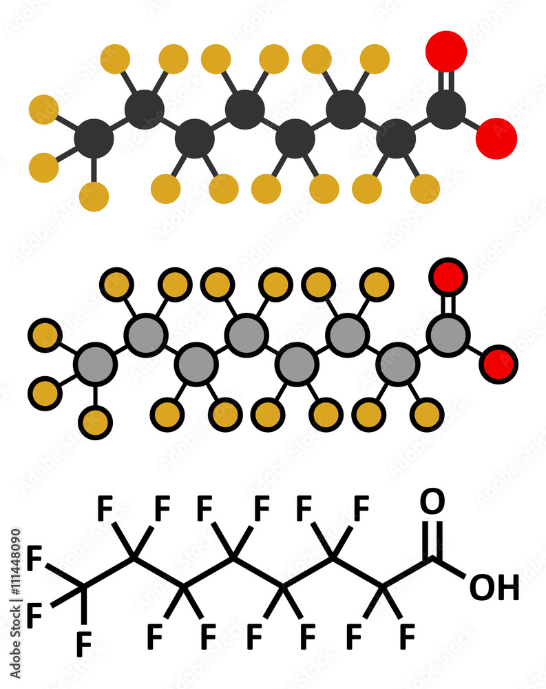 Perfluorooctanoic acid (PFOA, perfluorooctanoate) carcinogenic pollutant molecule
