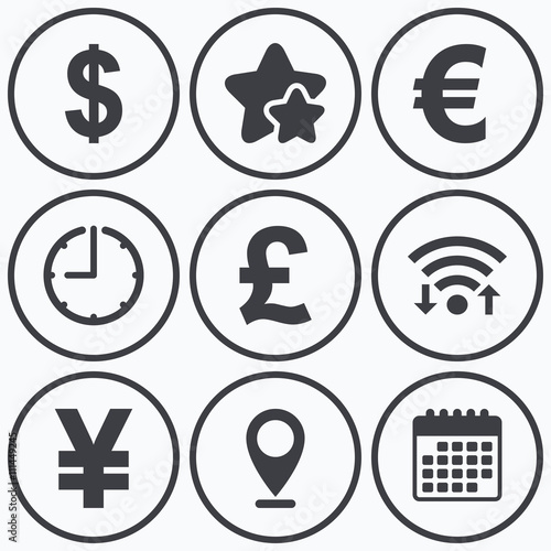 Dollar, Euro, Pound and Yen currency icons.