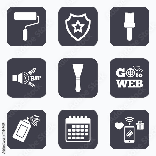 Paint roller, brush icon. Spray can and Spatula.