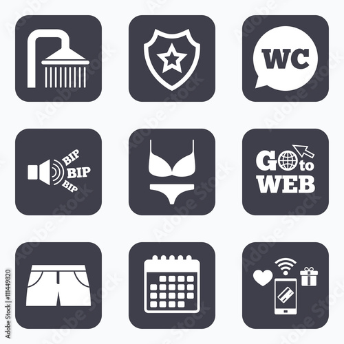 Swimming pool icons. Shower and swimwear signs.