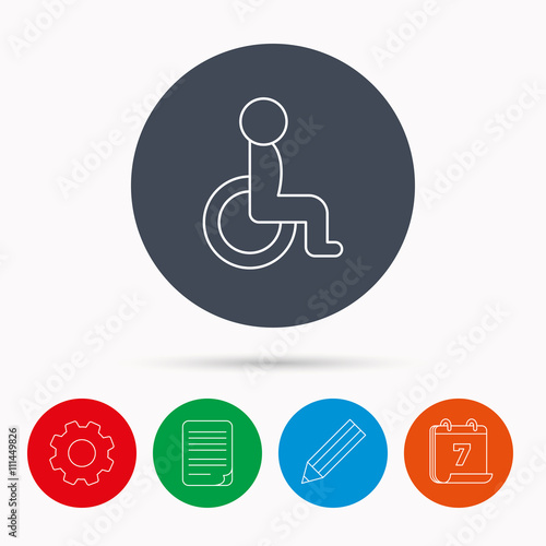 Disabled person icon. Human on wheelchair sign.