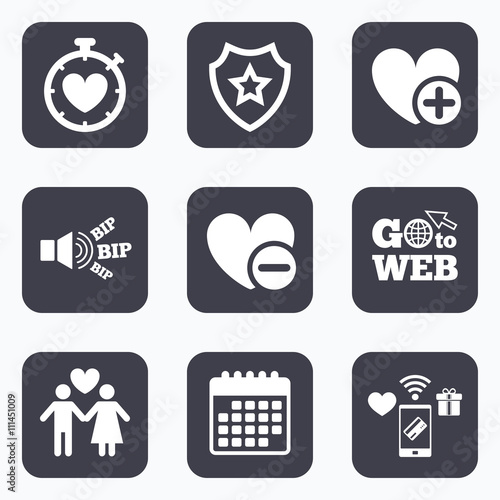 Valentine day icons. Love heart timer sign.