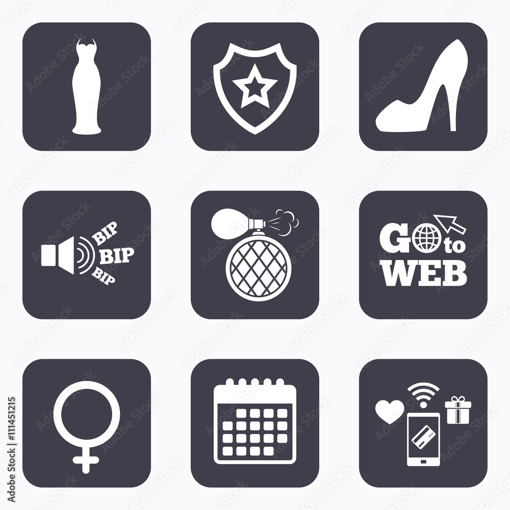 Wedding dress icon. Women shoe sign. Perfume. Wedding dress icon. Women shoe sign. Perfume.