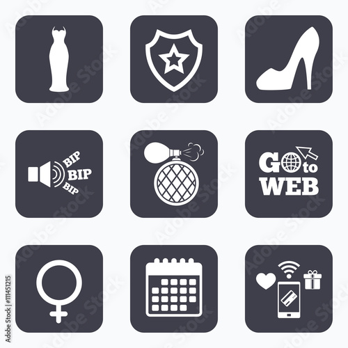 Wedding dress icon. Women shoe sign. Perfume.