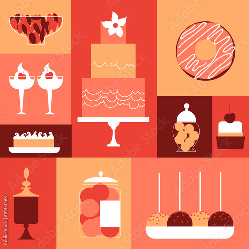 Candy buffet elements.  Wedding dessert bar. Birthday sweet table. Vector illustration.