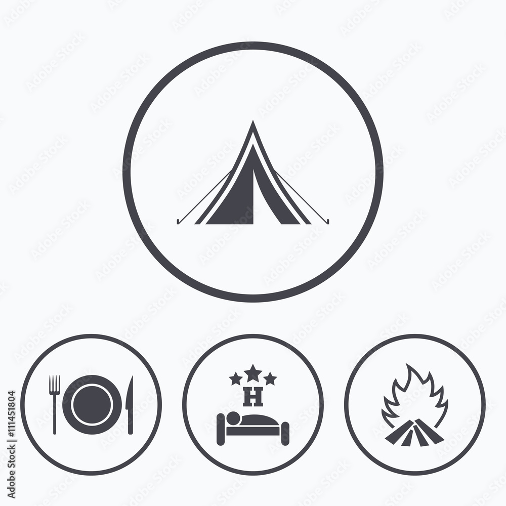 Food, sleep, camping tent and fire signs. Food, sleep, camping tent and fire signs.