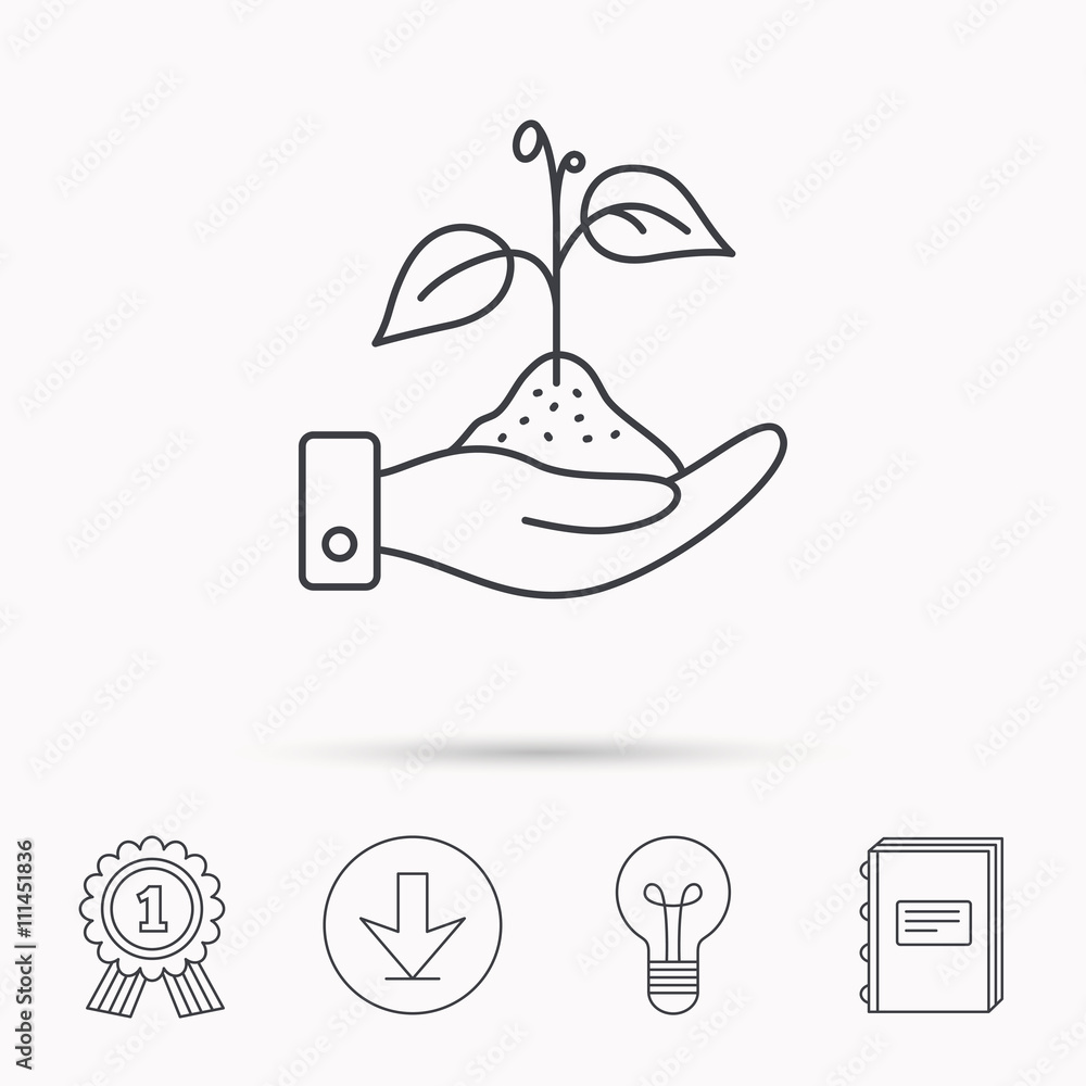 Save nature icon. Hand with plant sprout sign. Save nature icon. Hand with plant sprout sign.