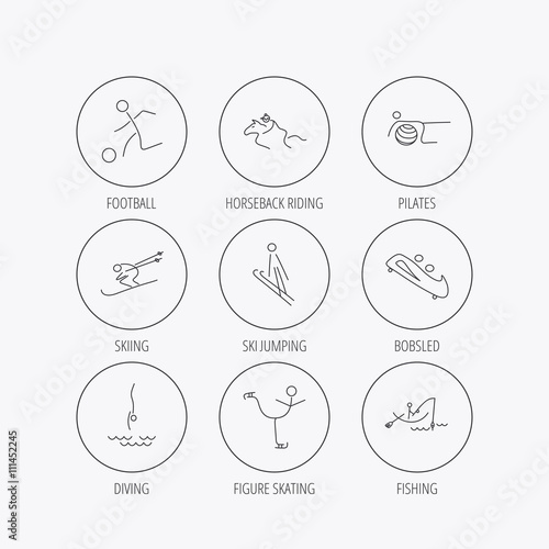 Pilates, football and skiing icons. Fishing.