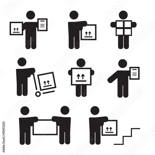 Logistic people pictograms. Logistic worker, man delivery