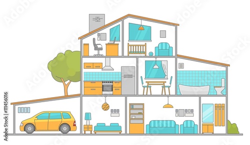 Interiors room with furniture. Flat style vector illustration