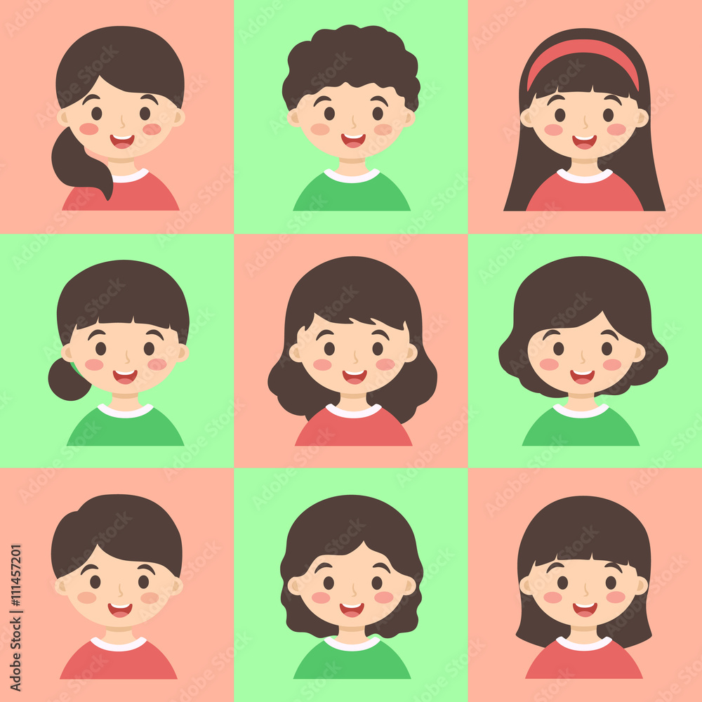 Vector illustration set of cute kids cartoon Character with different hair style. Vector illustration set of cute kids cartoon Character with different hair style.