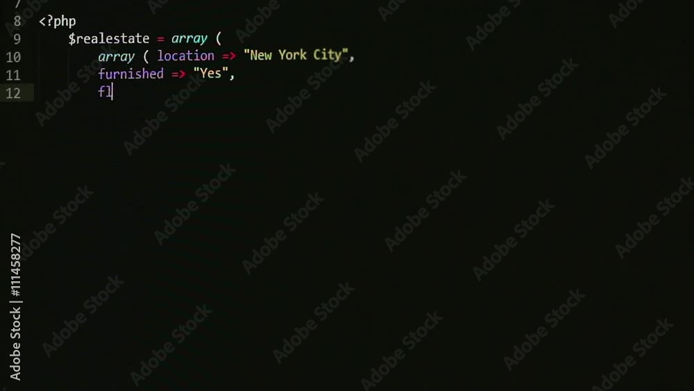 Programming a simple array in php, realestate terms, prices and locations are visible in code on the screen Programming a simple array in php, realestate terms, prices and locations are visible in code on the screen