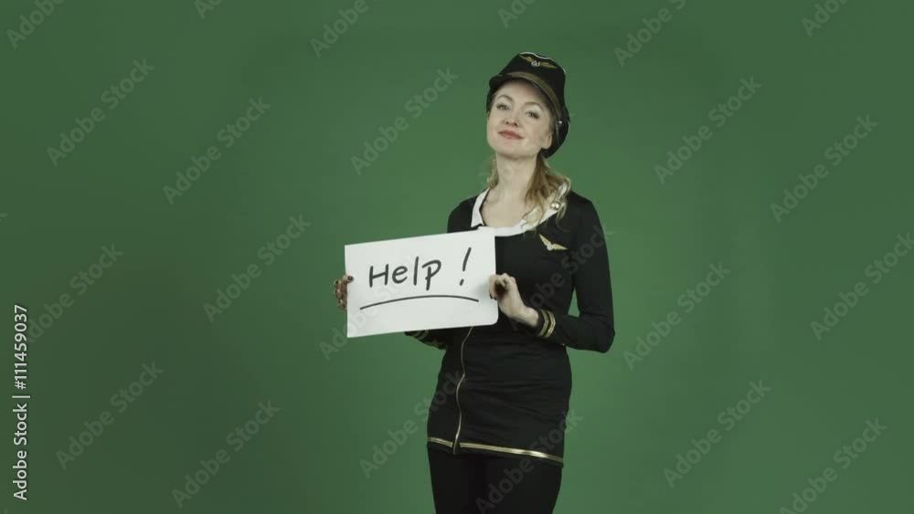 caucasian air hostess isolated on chroma green screen background help sign caucasian air hostess isolated on chroma green screen background help sign