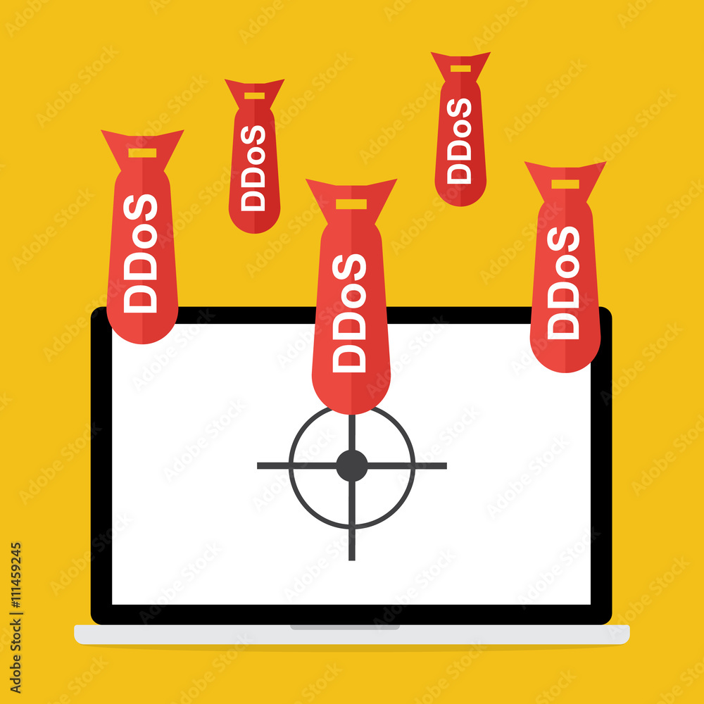 Obraz premium Victim computer laptop with target lock has Distributed Denial of Service ddos bomb attack concept design. Vector illustration cyber crime in computer security concept.