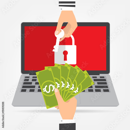 Businessman hand holding money banknote for paying the key from hacker for unlock laptop got ransomware malware virus computer. Vector illustration technology data privacy and security concept.