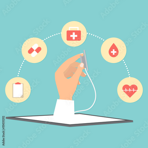 Doctor's hand with stethoscope from tablet telemedicine concept. Vector illustration internet of think technology trend.