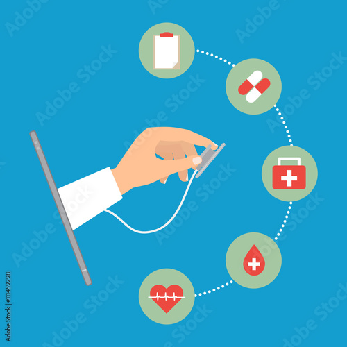 Doctor's hand with stethoscope from tablet telemedicine concept on blue background. Vector illustration internet of think technology trend.