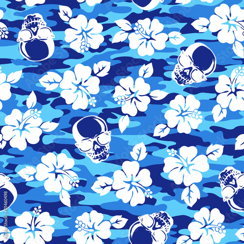ハイビスカスと頭蓋骨　迷彩のパターン
